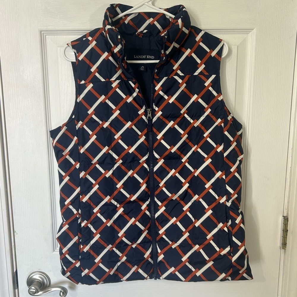 Lands' End womens puffer vest navy orange white geometric size Medium size 10-12